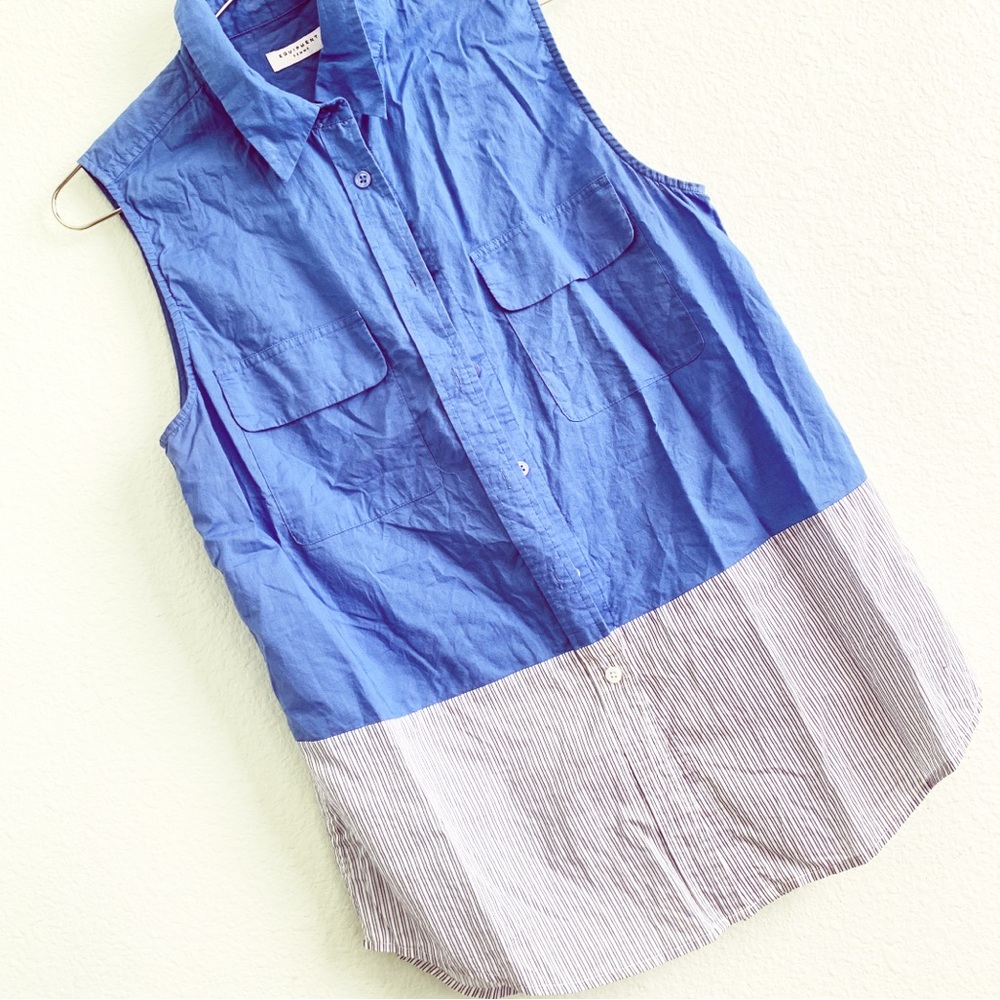 EQUIPMENT sleeveless two tone cotton button up blouse shirt top Medium blue